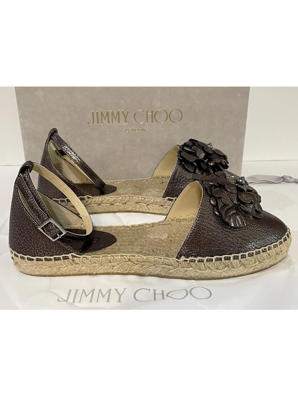 Jimmy Choo Dark Brown Leather Floral Espadrille Flats with Ankle Strap
